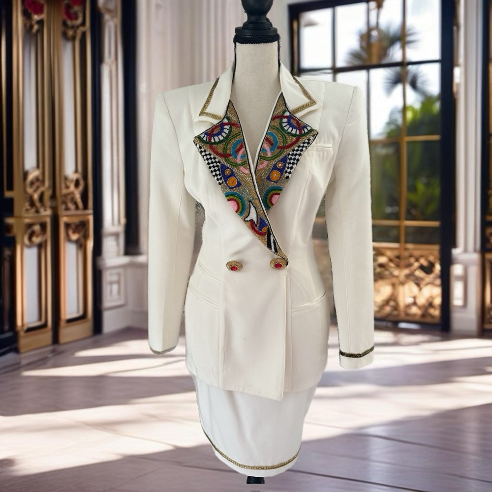 Cache Vintage Embellished Cream Suit Size P